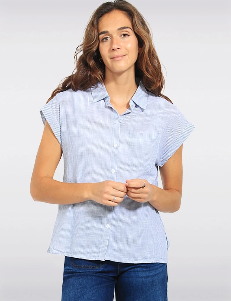 Straight Navy Cotton Stripe Cap Sleeve Button-Front Blouse Shirt by Dash