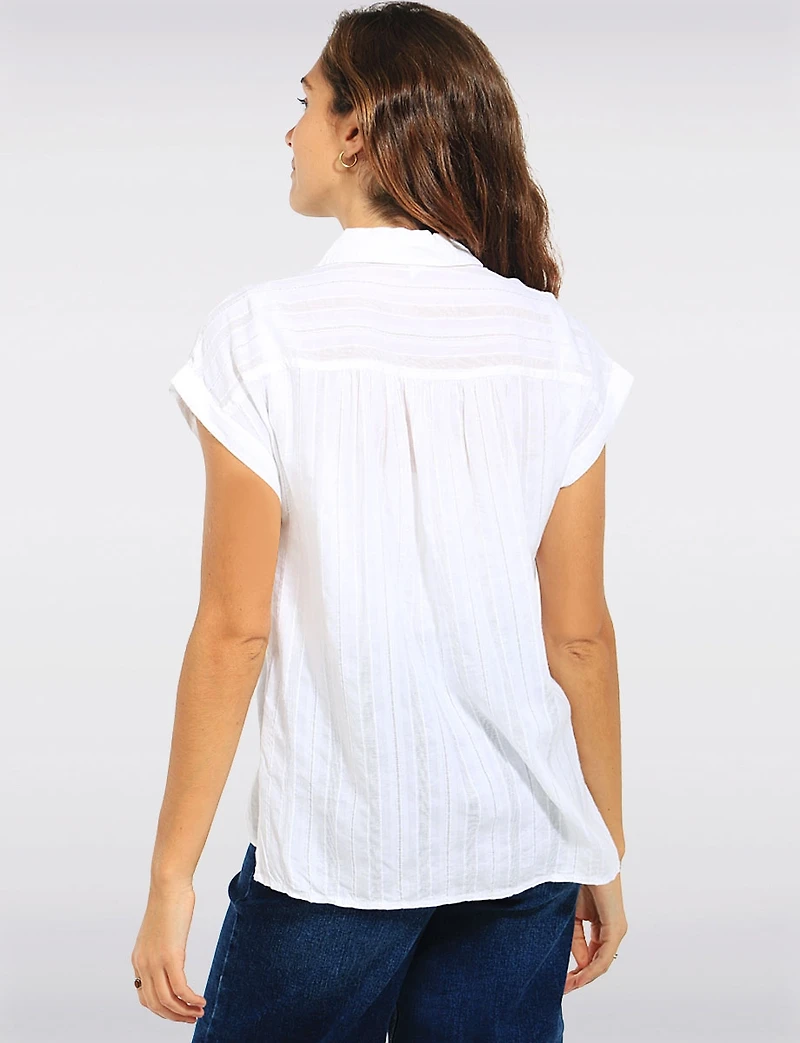 Relaxed White Cotton Stripe Cap Sleeve Button-Front Blouse Shirt by Dash