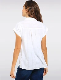 Relaxed White Cotton Stripe Cap Sleeve Button-Front Blouse Shirt by Dash