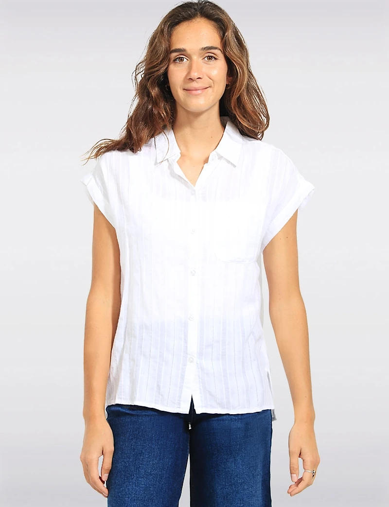 Relaxed White Cotton Stripe Cap Sleeve Button-Front Blouse Shirt by Dash