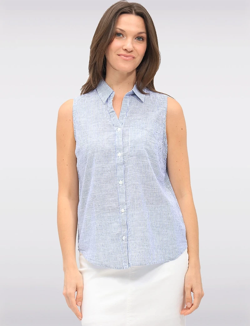 Relaxed Sleeveless Striped Button-Up Shirt Blouse with Rounded Hem by Dash