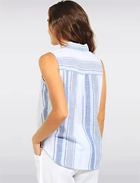Relaxed Sleeveless Strip-Mix Button-Up Shirt Blouse with Rounded Hem by Dash