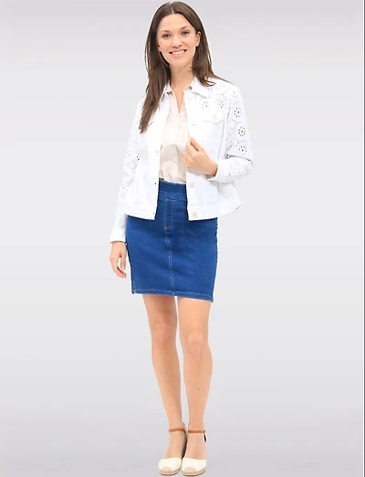 Chic Straight Cut White Cotton Floral Eyelet Button-Front Shirt Jacket by Dash