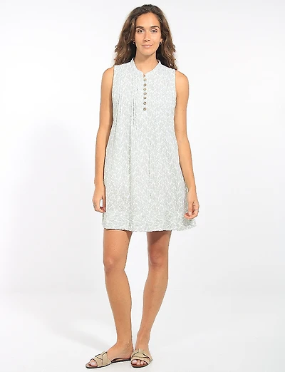 Floral Print Sleeveless Straigh Dress with Henley Neckline & Pockets by Dash