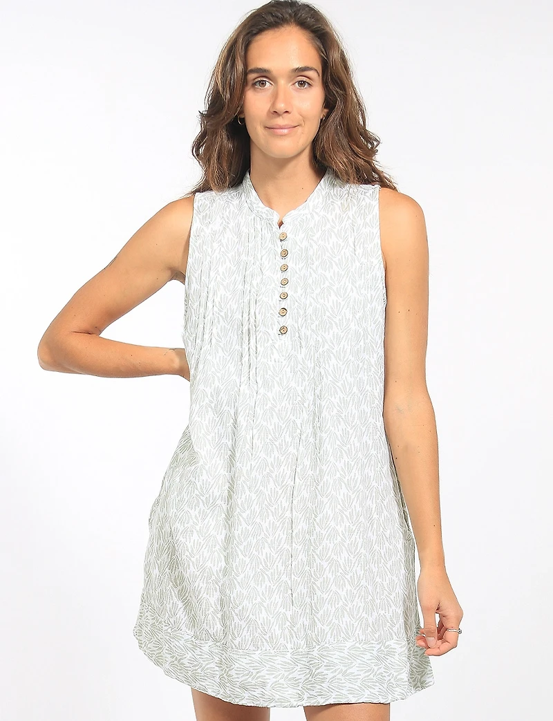 Floral Print Sleeveless Straigh Dress with Henley Neckline & Pockets by Dash