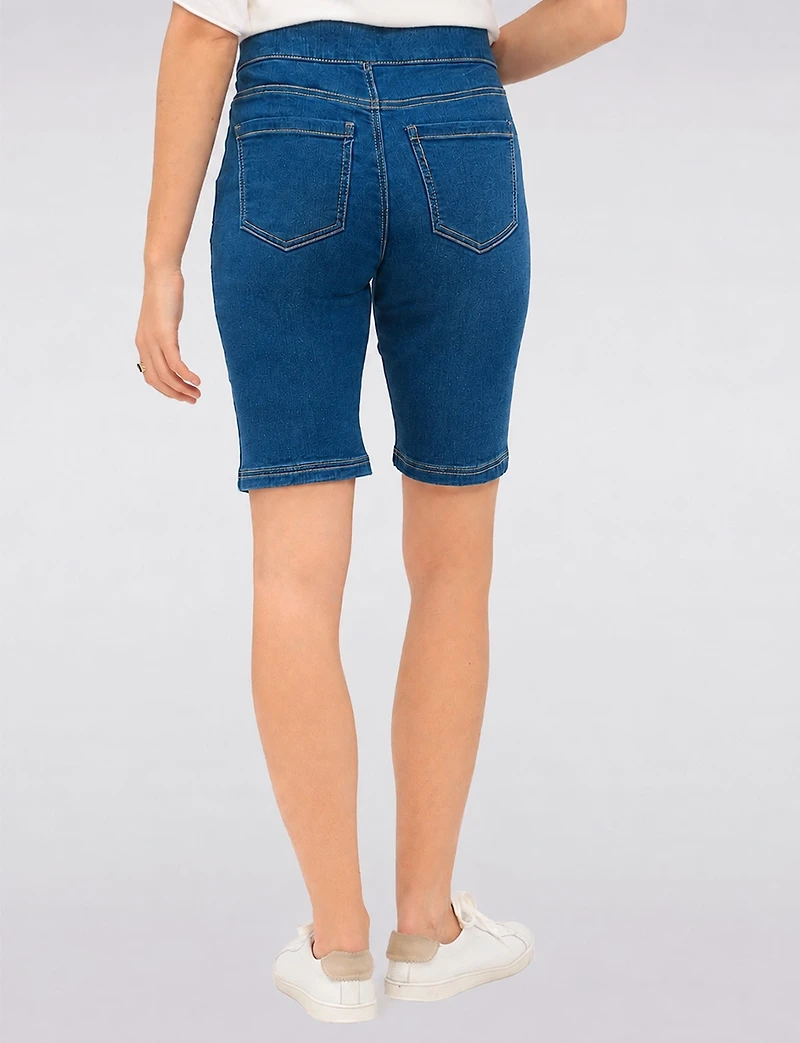 Classic Wash Pull-On Stretch Denim Bermuda Shorts with Back Pockets by Erika