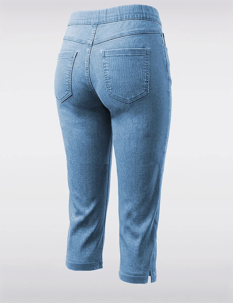 Light Wash Pull-On Stretch Denim Slim Capri Pants with Side Slits by Erika
