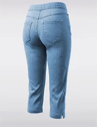 Light Wash Pull-On Stretch Denim Slim Capri Pants with Side Slits by Erika