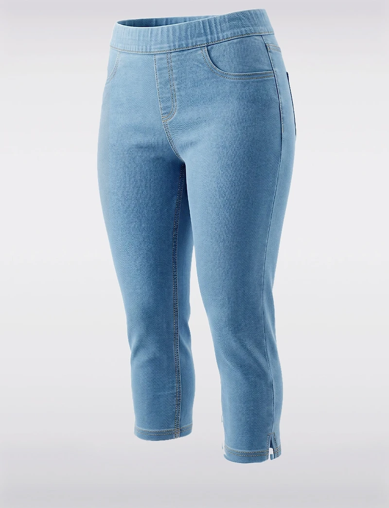 Light Wash Pull-On Stretch Denim Slim Capri Pants with Side Slits by Erika