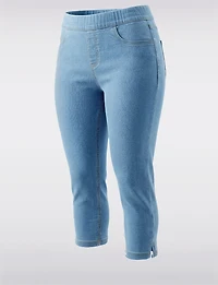 Light Wash Pull-On Stretch Denim Slim Capri Pants with Side Slits by Erika