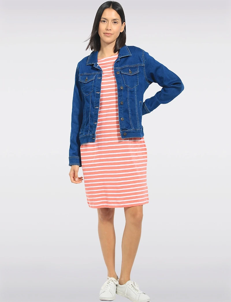 Stretch Denim Cropped Slim-Fit Trucker Jacket with Chest & Welt Pockets by Erika