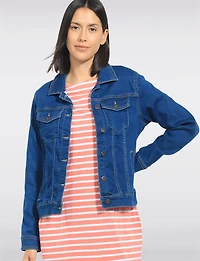 Stretch Denim Cropped Slim-Fit Trucker Jacket with Chest & Welt Pockets by Erika