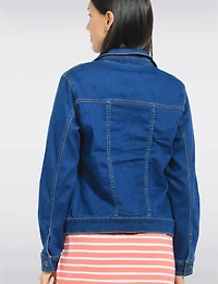 Stretch Denim Cropped Slim-Fit Trucker Jacket with Chest & Welt Pockets by Erika
