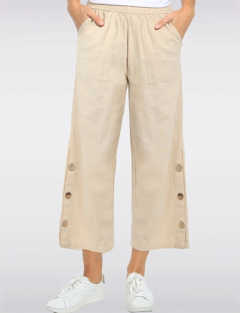 Wide Leg Pull-On Cotton Pants with Pockets & Side Button Accents by Erika