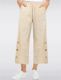 Wide Leg Pull-On Cotton Pants with Pockets & Side Button Accents by Erika