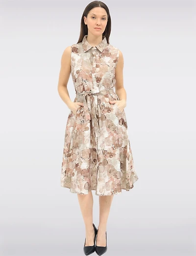Sleeveless Abstract Paint Stroke Dress with Golden Details & Pockets by Spanner