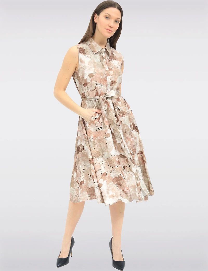 Sleeveless Abstract Paint Stroke Dress with Golden Details & Pockets by Spanner