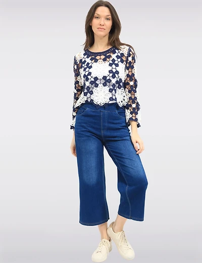 Delicate Versatile Floral Open Crochet Top with Long-Sleeve by Gabby Isabella