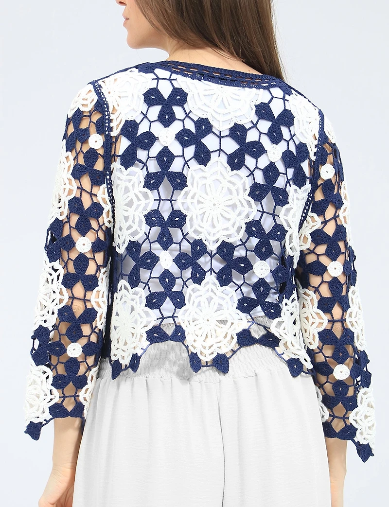 Delicate Versatile Floral Open Crochet Top with Long-Sleeve by Gabby Isabella