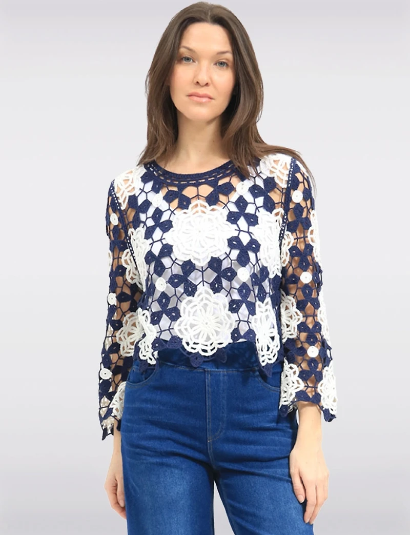 Delicate Versatile Floral Open Crochet Top with Long-Sleeve by Gabby Isabella