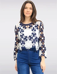 Delicate Versatile Floral Open Crochet Top with Long-Sleeve by Gabby Isabella