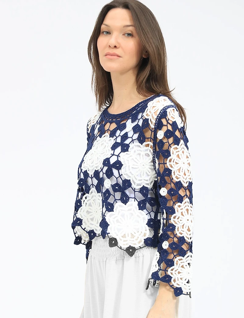 Delicate Versatile Floral Open Crochet Top with Long-Sleeve by Gabby Isabella