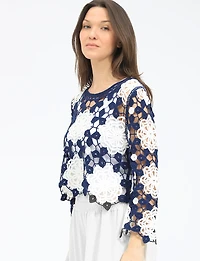 Delicate Versatile Floral Open Crochet Top with Long-Sleeve by Gabby Isabella