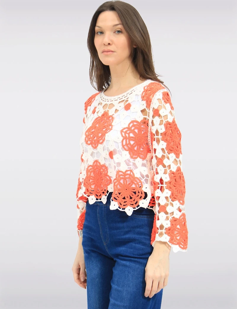 Delicate Versatile Floral Open Crochet Top with Long-Sleeve by Gabby Isabella