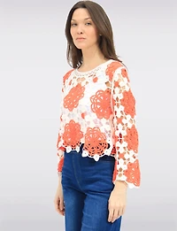 Delicate Versatile Floral Open Crochet Top with Long-Sleeve by Gabby Isabella