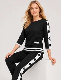 Black & White Floral Appliqués 3/4 Sleeve Top | Side Slits Rhinestone Details