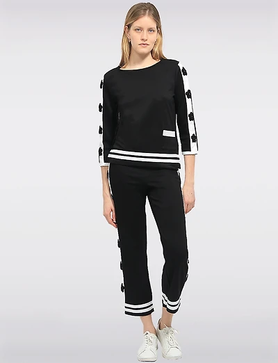 Black & White Pull-On Pants | Double-Stripe Detail Floral Appliqués by Orly