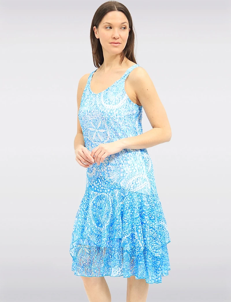 Elegant Printed Sleeveless Lined 2-Tiered Lace Dress by Tango Mango