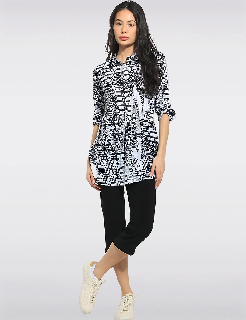 B&W Abstract Print Button-Down Tunic with Adjustable 3/4 Sleeves by Tango Mango