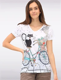 Lightweight Short Sleeves Top with Whimsical Prints & Side Slits by Tango Mango