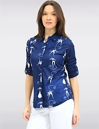 Whimsical Cat Print Button-Front Collared Blouse with 3/4 Sleeves by Tango Mango