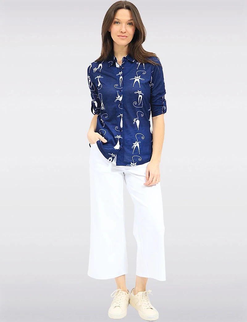 Whimsical Cat Print Button-Front Collared Blouse with 3/4 Sleeves by Tango Mango