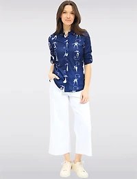 Whimsical Cat Print Button-Front Collared Blouse with 3/4 Sleeves by Tango Mango