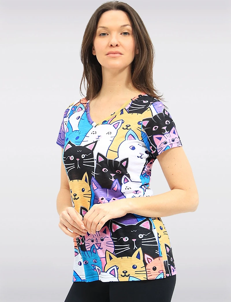 Colourful Cat Print V-Neck Short Sleeve T-Shirt with Side Slits by Tango Mango