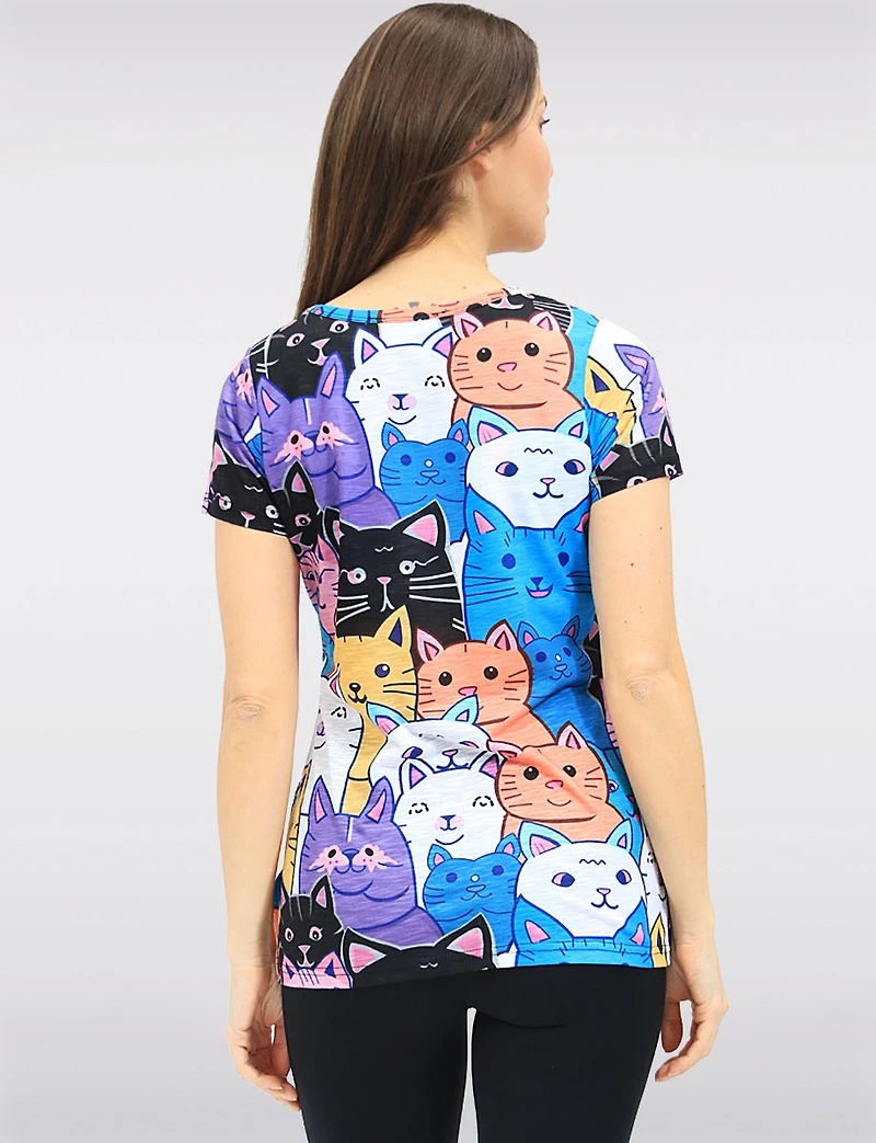 Colourful Cat Print V-Neck Short Sleeve T-Shirt with Side Slits by Tango Mango