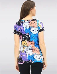 Colourful Cat Print V-Neck Short Sleeve T-Shirt with Side Slits by Tango Mango