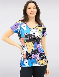 Colourful Cat Print V-Neck Short Sleeve T-Shirt with Side Slits by Tango Mango