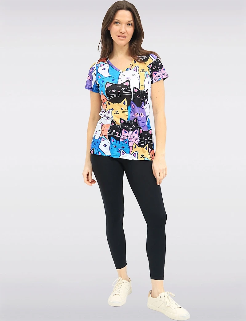 Colourful Cat Print V-Neck Short Sleeve T-Shirt with Side Slits by Tango Mango