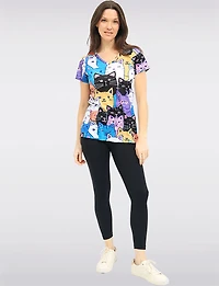 Colourful Cat Print V-Neck Short Sleeve T-Shirt with Side Slits by Tango Mango