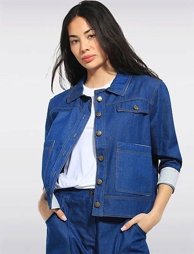 Julia Paradis Lightweight Modern Fit Jean Jacket - Striped Cuffs & Collar Detail
