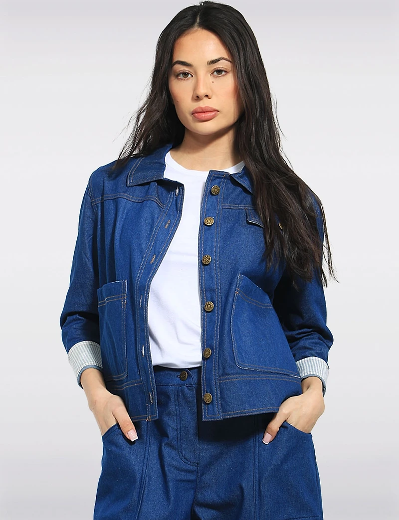 Julia Paradis Lightweight Modern Fit Jean Jacket - Striped Cuffs & Collar Detail