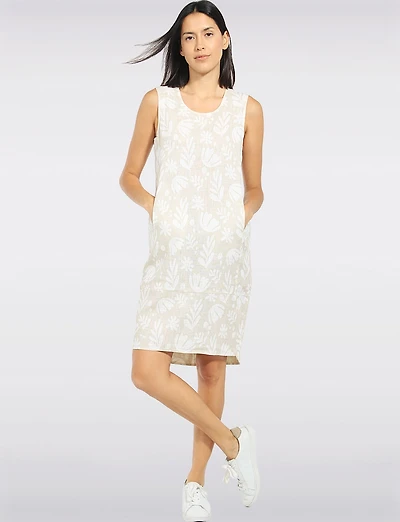 Long Printed Balloon Fit Tank Dress with Front Pockets & Asymmetric Hi-Low Hem