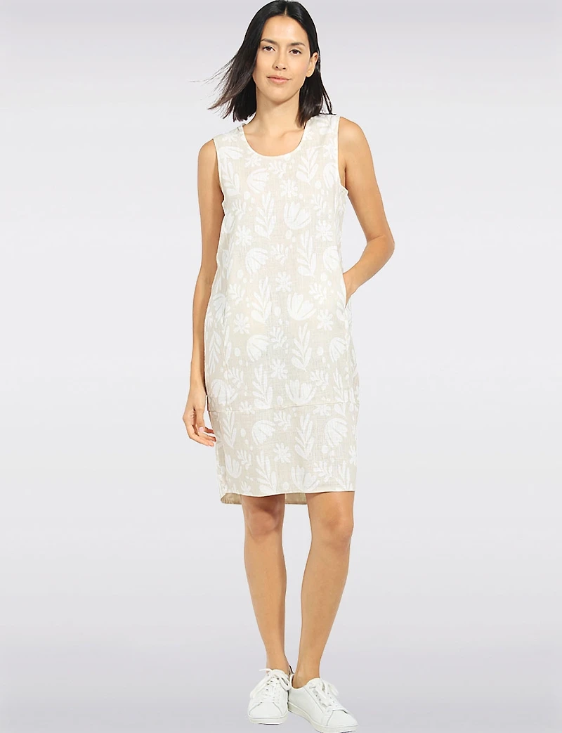 Long Printed Balloon Fit Tank Dress with Front Pockets & Asymmetric Hi-Low Hem
