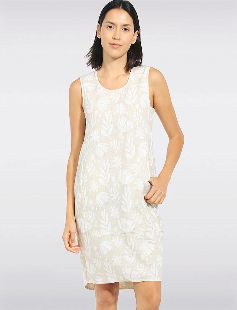 Long Printed Balloon Fit Tank Dress with Front Pockets & Asymmetric Hi-Low Hem