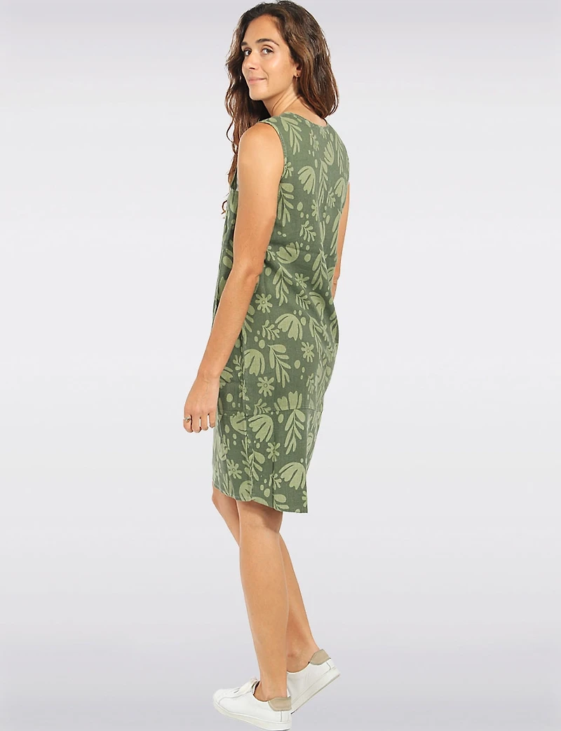 Long Printed Balloon Fit Tank Dress with Front Pockets & Asymmetric Hi-Low Hem