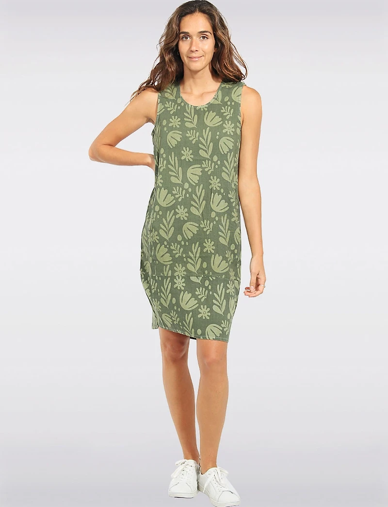 Long Printed Balloon Fit Tank Dress with Front Pockets & Asymmetric Hi-Low Hem